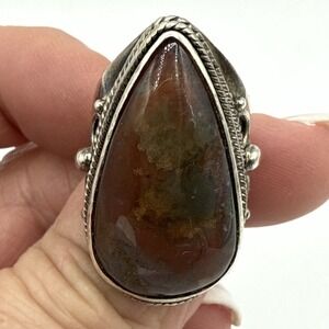 Boho Artisan Red Jasper Agate Teardrop Ring 925 Sterling Silver Handcrafted SZ 6